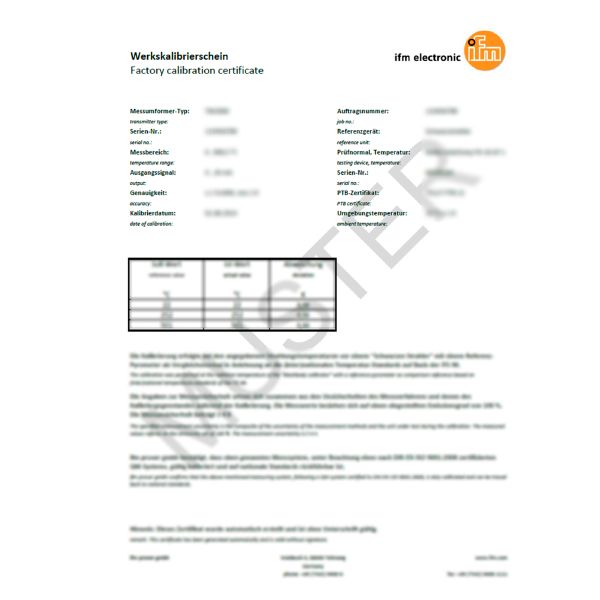 Factory calibration certificate for temperature sensors BRC003