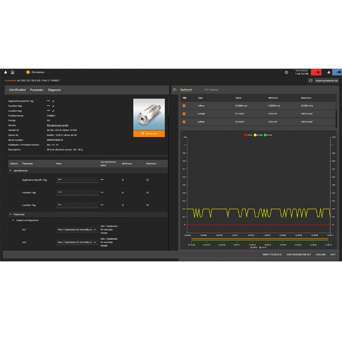 Parameters setting. Moneo. Linked devices. IFM io link.